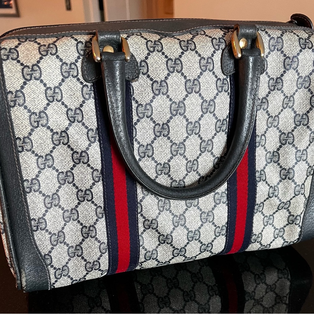 Gucci Rare Vintage Gucci Boston Handbag/Satchel Sherry Line - Navy Blue